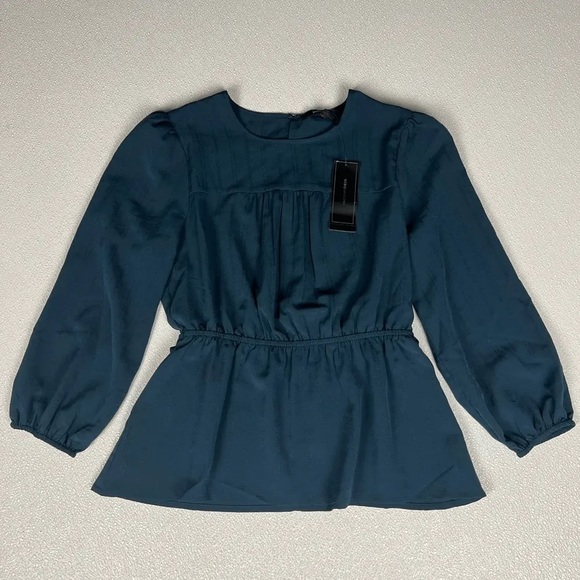Bcbgmaxazria Ruched Bishop Sleeve Peplum Top Midnight Size XS NWT - Picture 4 of 12